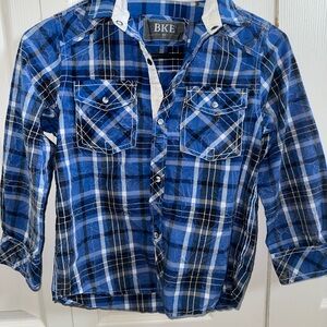 BKE Kids Navy and White Plaid Button Down Shirt